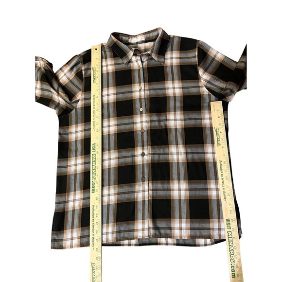 Foxcroft Blouse Women’s 16 Black Brown Cream Plaid Wrinkle Free Used Career - Picture 11 of 11